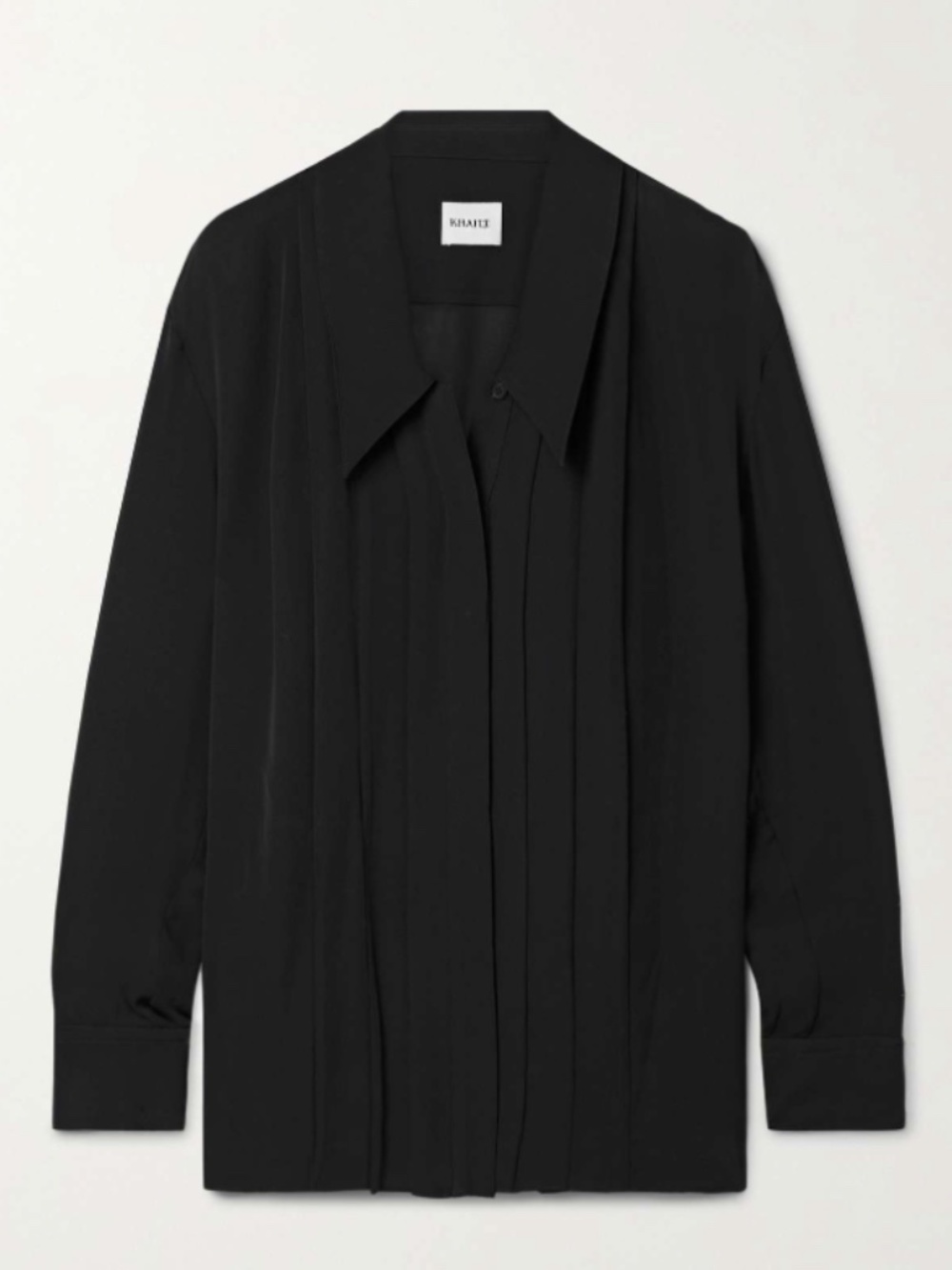 Khaite The Dorian Silk Black Button Down Shirt Blouse Pleated Pointed Collar